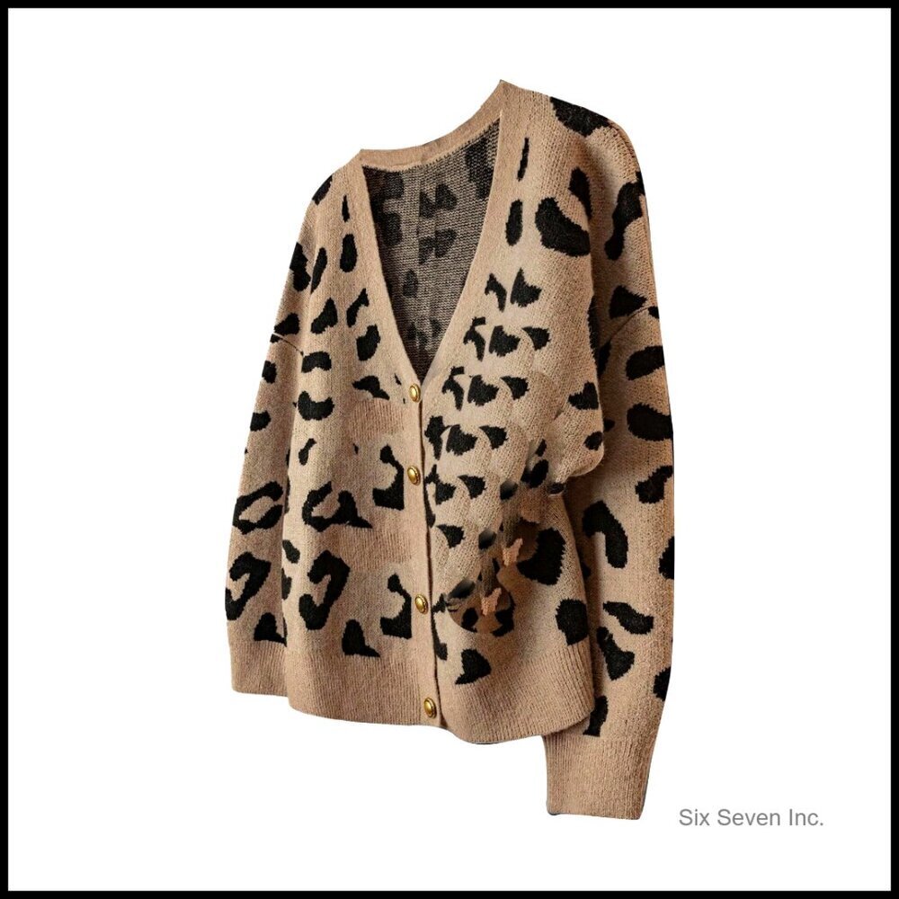 Plus Size Leopard Cardigan V Neck Button Down Knit Sweater Outerwear Chic